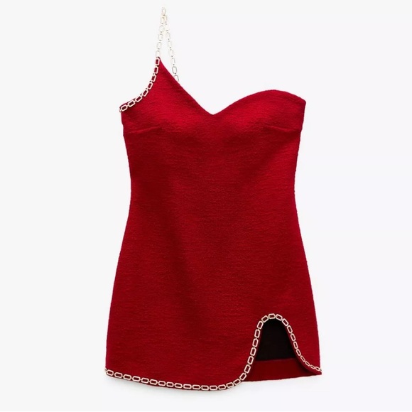 Zara Textured Tweed Boucle Asymmetric Chain Trim Mini Dress Red Gold Chain Sz L - Picture 10 of 17